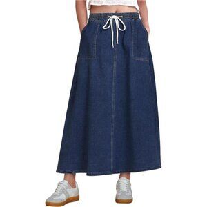 Denim Skirts Trendy A Line with Pockets Dark Blue